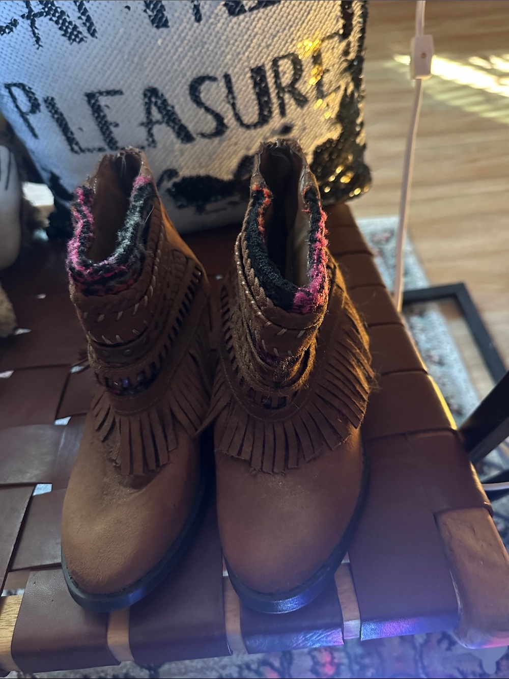 Mudd Brown Fringe Ankle Boots with Multicolor Knit Collar